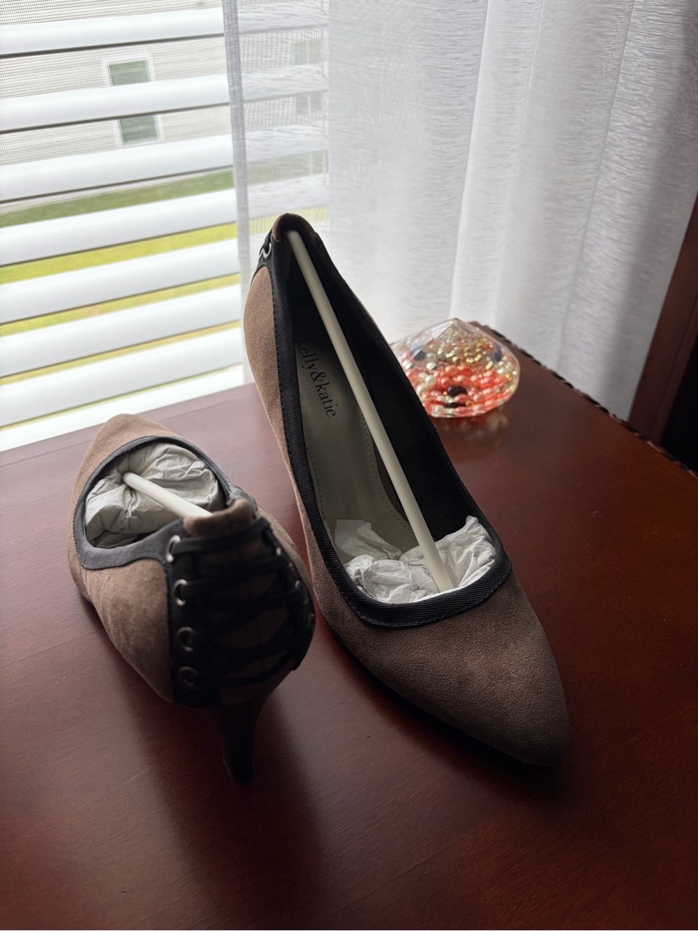 Kelly & Katie Taupe Pointed-Toe Kitten Heel Pumps with Black Trim